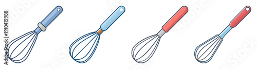 Set of four modern kitchen whisks vector icons isolated on white background for cooking and baking design