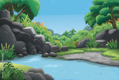 A vibrant cartoon illustration of a jungle scene with a flowing river