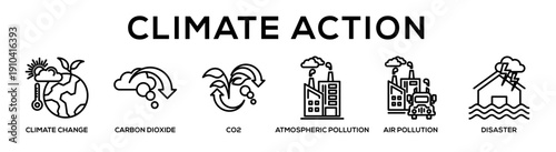Climate Action web banner icon vector illustration concept for business with icon of Climate Change, Carbon Dioxide, Co2, Atmospheric Pollution, Air Pollution,.