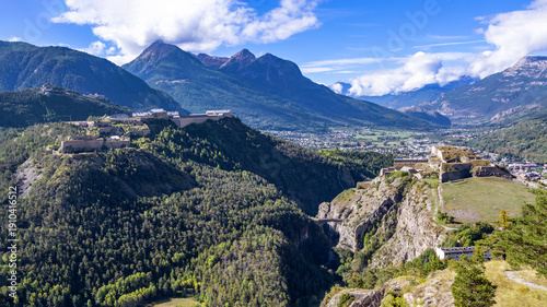 Town Briançon with Fort du Randouillet, Fort des Trois Tetes and Fort du Chateau, Briancon, France, Europe.