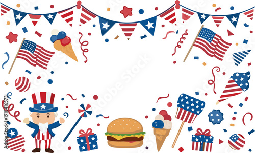 Patriotic United States celebration frame with flags confetti and festive icons cartoon vector illustration background design
