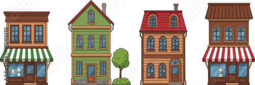 Colorful small town buildings and shops storefront houses cartoon vector illustration set isolated urban architecture collection