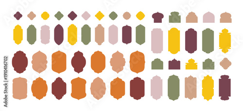Collection of Islamic Geometric Border Shapes and Mosque Window Silhouettes, Set of Modern Arabic Ornamental Frames and Oriental Arch Designs in Earth Tone Colors