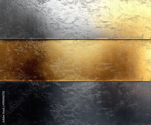 three horizontal textured metal panels with central gold strip, contrasting silver and dark steel, conveying luxury and industrial strength