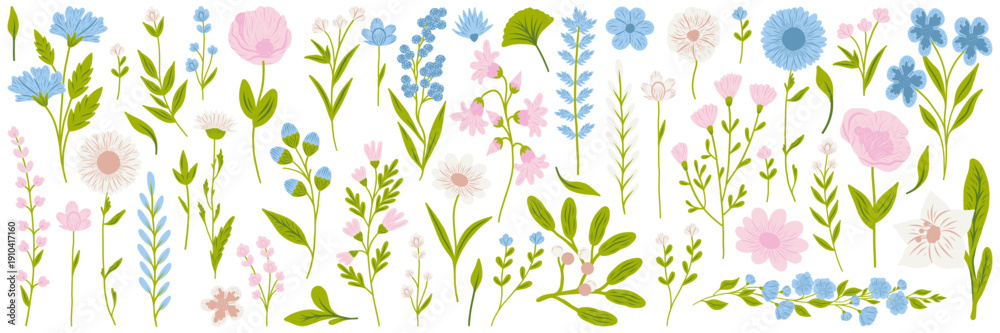 Fototapeta premium Collection of spring colorful flower elements vector. Set floral, leaf branch, foliage on white background. Hand drawn blossom illustration for decor, easter, thanksgiving, clipart.