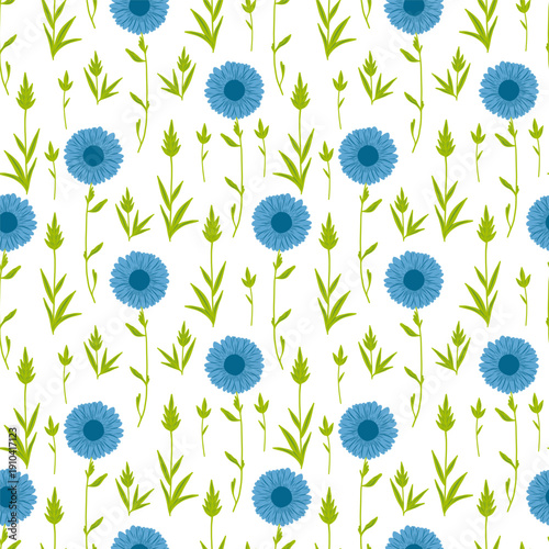Floral cute seamless pattern with hand drawn beautiful flowers, leaves and herb. Spring and summer trendy background. Abstract modern print. Vector flat illustration.