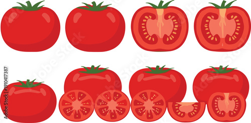 Fresh ripe tomato vector set with whole and sliced vegetables isolated realistic food illustration collection