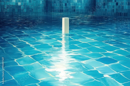 Solitary white block rising from a shimmering blue tiled pool, tranquil reflections and calm minimalism