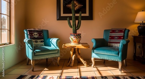 Southwestern style sitting area with turquoise chairs and cactus plant