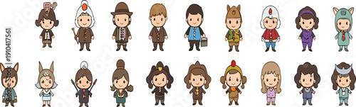 Cute hand drawn cartoon profession and costume kids character vector set with playful children in various outfits
