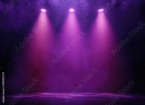 Empty stage illuminated by three purple spotlights with smoky haze, dramatic moody lighting evoking anticipation