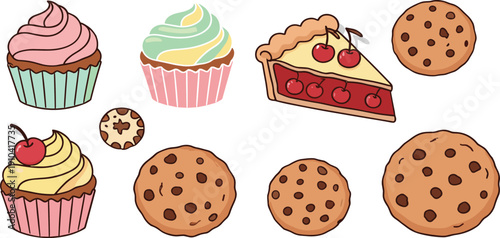 Hand drawn cartoon dessert vector set featuring cupcakes cookies and cherry pie slice in cute colorful bakery illustration style