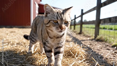 Cat walks toward camera; light brown tabby in sunny outdoor setting with a red barn in background