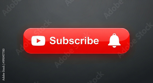 Red youtube subscribe button with white bell icon on dark background symbolizing online engagement and social media notification