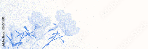 Blue cyanotype cosmea botanical background. Stipple dot overlay texture with flower and twig silhouette. Delicate indigo blue nature banner for template and graphic design project.
