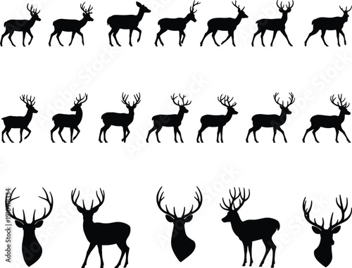 Set of black deer silhouettes vector illustration collection featuring majestic stags and bucks with antlers in various walking and standing poses isolated on white background