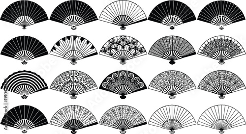 Collection of Traditional Oriental Folding Hand Fan Vector Silhouettes Featuring Floral Lace Patterns Decorative Japanese Paper Fan Icons Set Isolated on White Background
