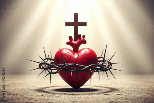 Sacred Heart of Jesus with crown of thorns and wooden cross religious symbol