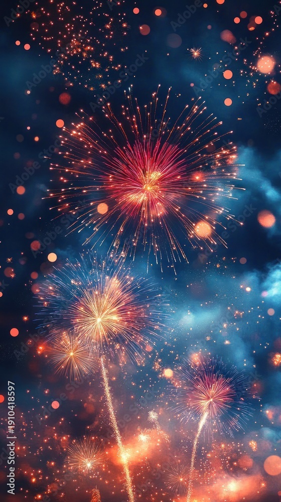 Fototapeta premium vibrant fireworks bursting in a smoky night sky with golden sparks, colorful bursts and glowing bokeh conveying festive awe and celebration