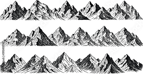 Hand Drawn Mountain Range Sketches Set with Black and White Engraving Style Peaks and Ridges Illustration for Outdoors Adventure and Nature Themed Graphic Design