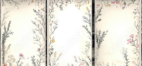 three vertical panels with delicate hand-drawn watercolor wildflower borders and soft empty centers evoking calm and gentle elegance