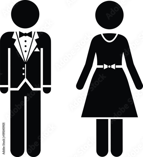 Elegant black and white vector icons of a man in a tuxedo with bowtie and a woman in a formal dress for wedding events