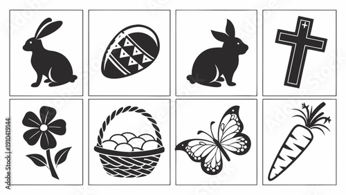 Easter icon rabbit egg cross basket butterfly carrot set, black silhouette collection with flower and spring symbols, simple outline style for holiday design