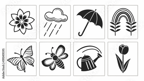 Spring icon flower rain umbrella rainbow butterfly bee set of black and white outline symbol for seasonal weather and garden theme, simple vector style for web, app, sticker, print