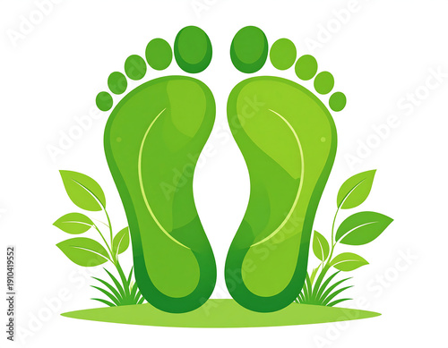 Green footprints stand on green grass with sprouts in illustration style