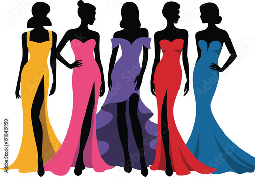 Elegant female silhouettes wearing colorful evening gowns representing fashion runway glamour style diversity modern couture vector illustration design concept