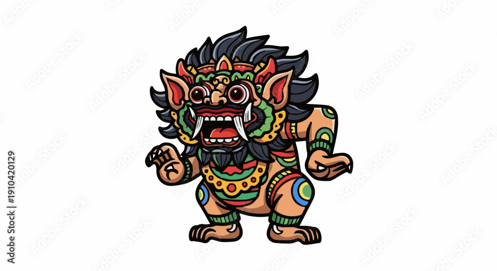 Fototapeta premium Colorful Barong character vector illustration inspired by traditional Balinese mythology and cultural dance performance.