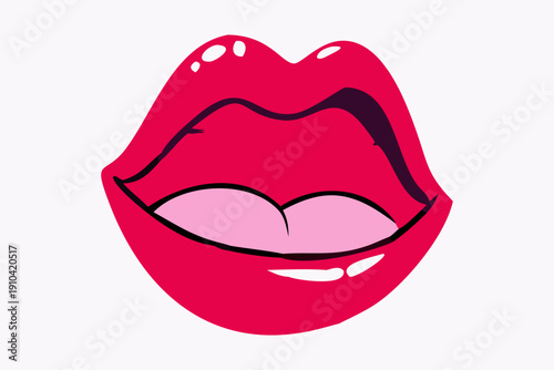 Glossy Cartoon Pink Lips Icon Pop Art Style Vector Illustration Isolated on White.