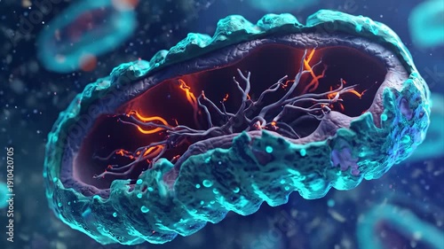 Video of mitochondria showing cellular energy depletion, detailed organelle structure, damaged ATP production visualization, turquoise and blue gradient color scheme
