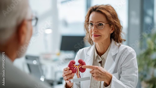 Video of compassionate female doctor in white coat showing kidney anatomy model to middle-aged patient in modern bright medical office, soft natural window lighting