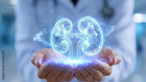 Medical doctor holding a glowing 3D hologram of human kidneys above open hands, modern hospital environment, soft blue medical lighting, shallow depth of field