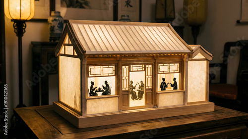 A Siheyuan (courtyard house) model lantern, looking through the windows to see tiny silhouette figures inside