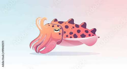 Cartoon cuttlefish with orange and pink hues floats serenely in soft blue and pink water