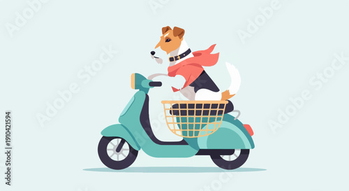 Cartoon dog wearing a red cape rides a teal scooter with a basket