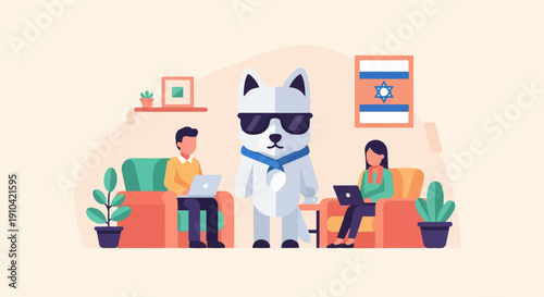 Cartoon dog with sunglasses and medal stands between two people working on laptops