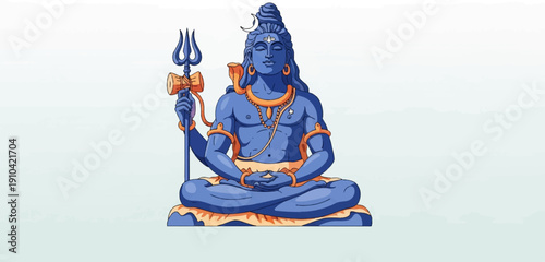 Blue deity with third eye, moon crescent, cobra, and trident meditating