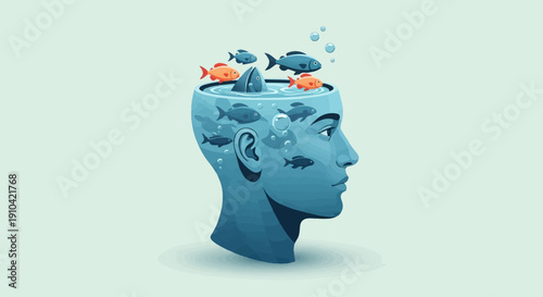 Blue human head filled with water and fish, symbolizing thoughts