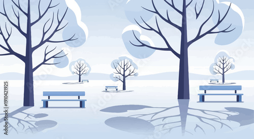 Bare trees and benches in a serene, snow-covered park