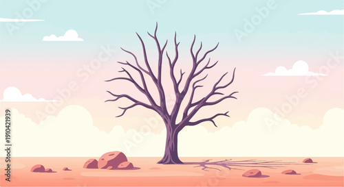Barren tree stands in a rocky, desert landscape under a colorful sky