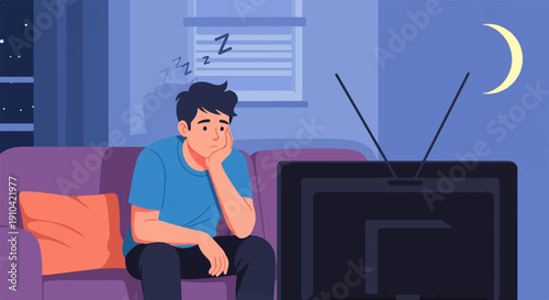 Bored man slumped on couch watching television late at night