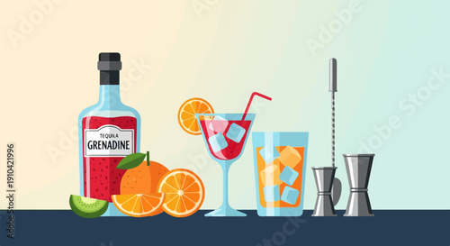 Bottle of grenadine with oranges, kiwi, and cocktails