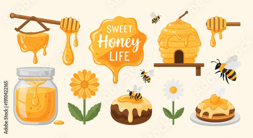 Bee life, honey jar, honeycomb, flowers, and honey dippers depicted
