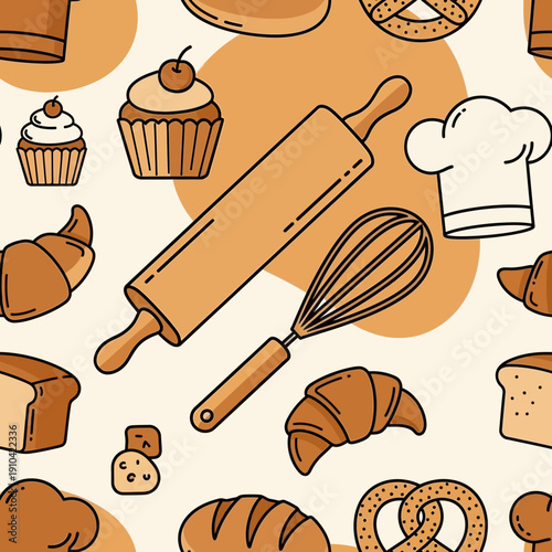 Seamless Pattern with Bakery Items and Utensils. EPS Editable