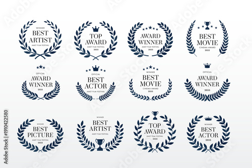 Award Crest & Laurel Wreath Vector Illustration Set for Movie & Film Awards, Festival Nominations