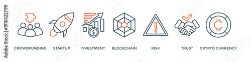 ICO banner web icon vector illustration concept of initial coin offering with icon of crowdfunding, startup, investment, blockchain, risk, trust and cypto currency