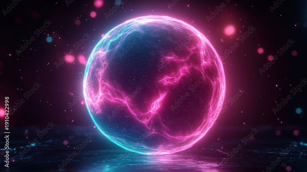 Obraz premium Futuristic glowing neon globe with pink and cyan electric veins, wireframe grid and floating particles above a reflective surface, evoking mystery and energetic wonder